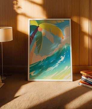 Escena vibrante de playa tropical con palmera y ola del océano