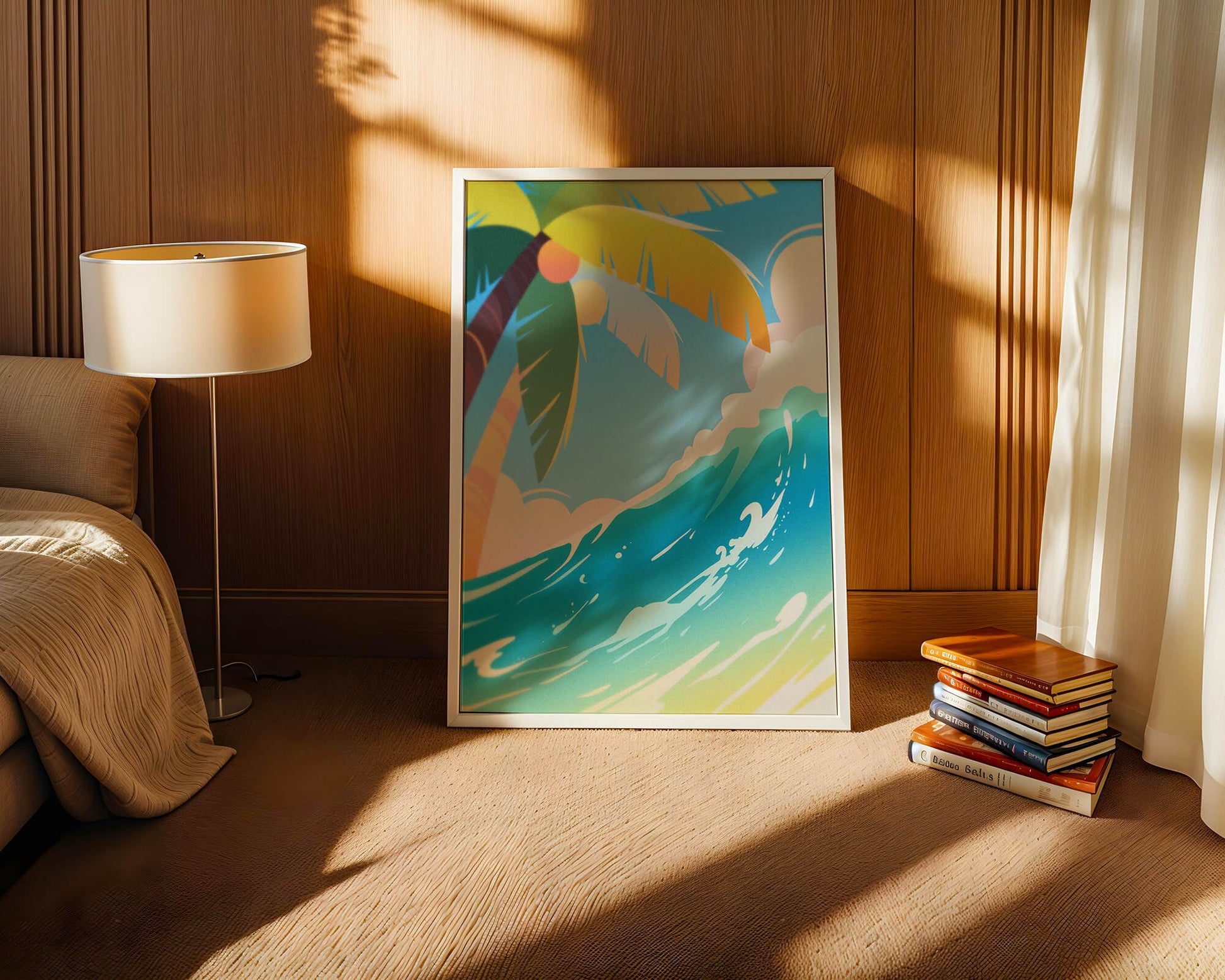 Escena vibrante de playa tropical con palmera y ola del océano