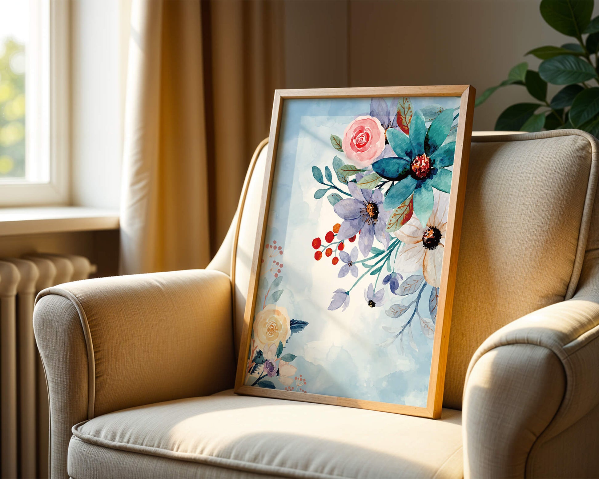 Ilustración floral acuarela con flores y hojas vibrantes