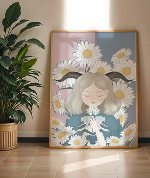 Ilustración de una niña con margaritas y cuernos sobre un fondo pastel