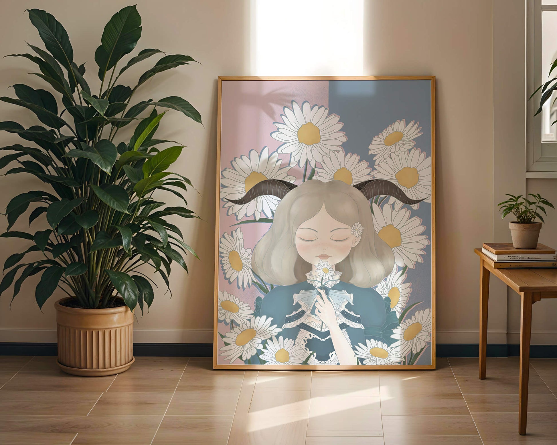Illustration of girl with daisies and horns on a pastel background