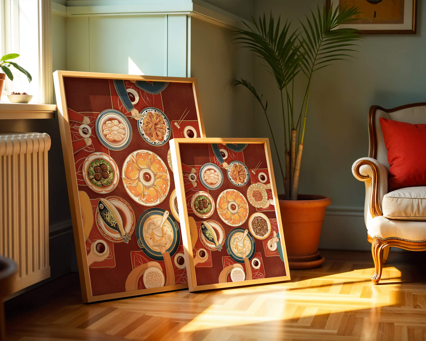 Colorful Chinese cuisine on a dining table with traditional dishes