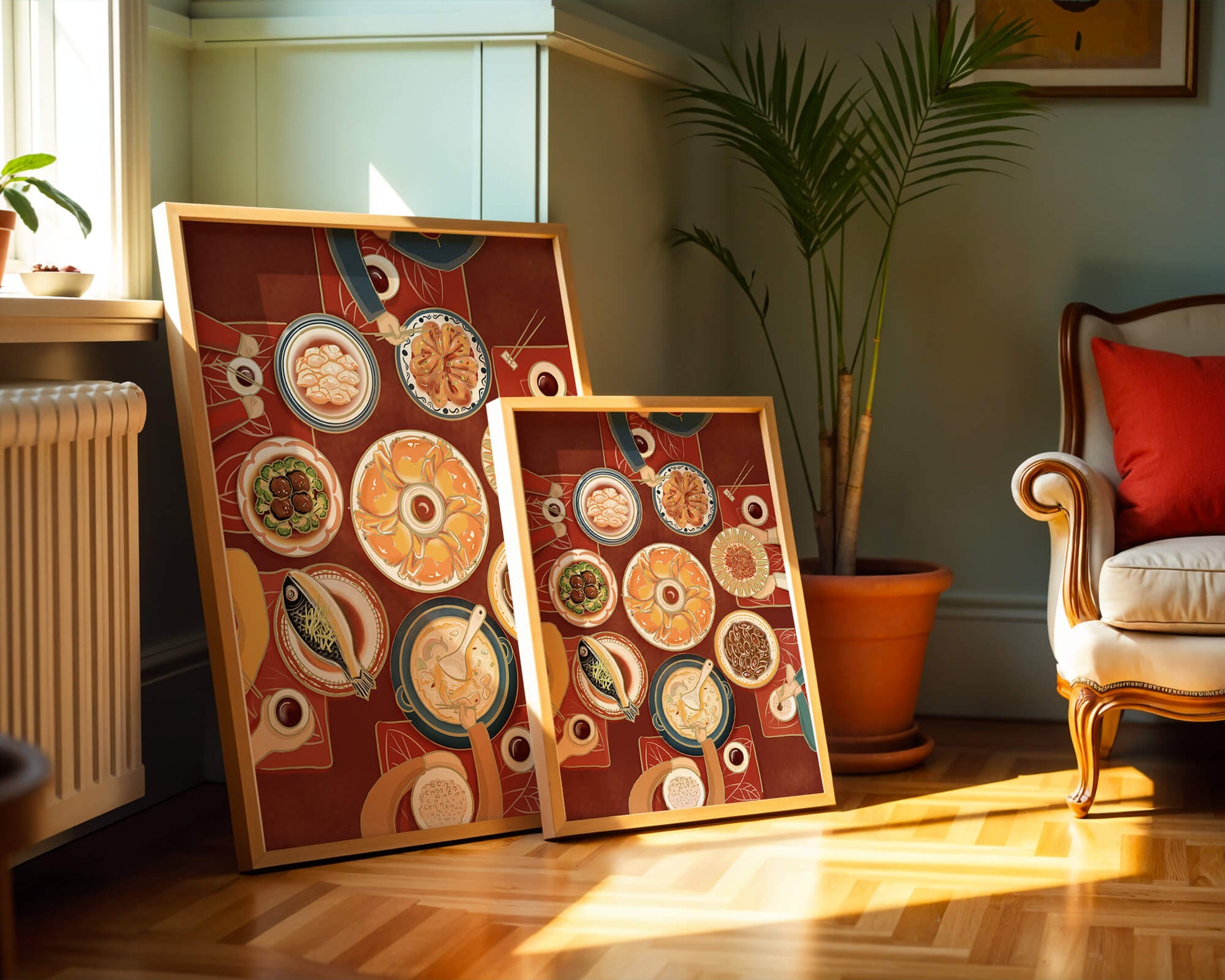Colorful Chinese cuisine on a dining table with traditional dishes