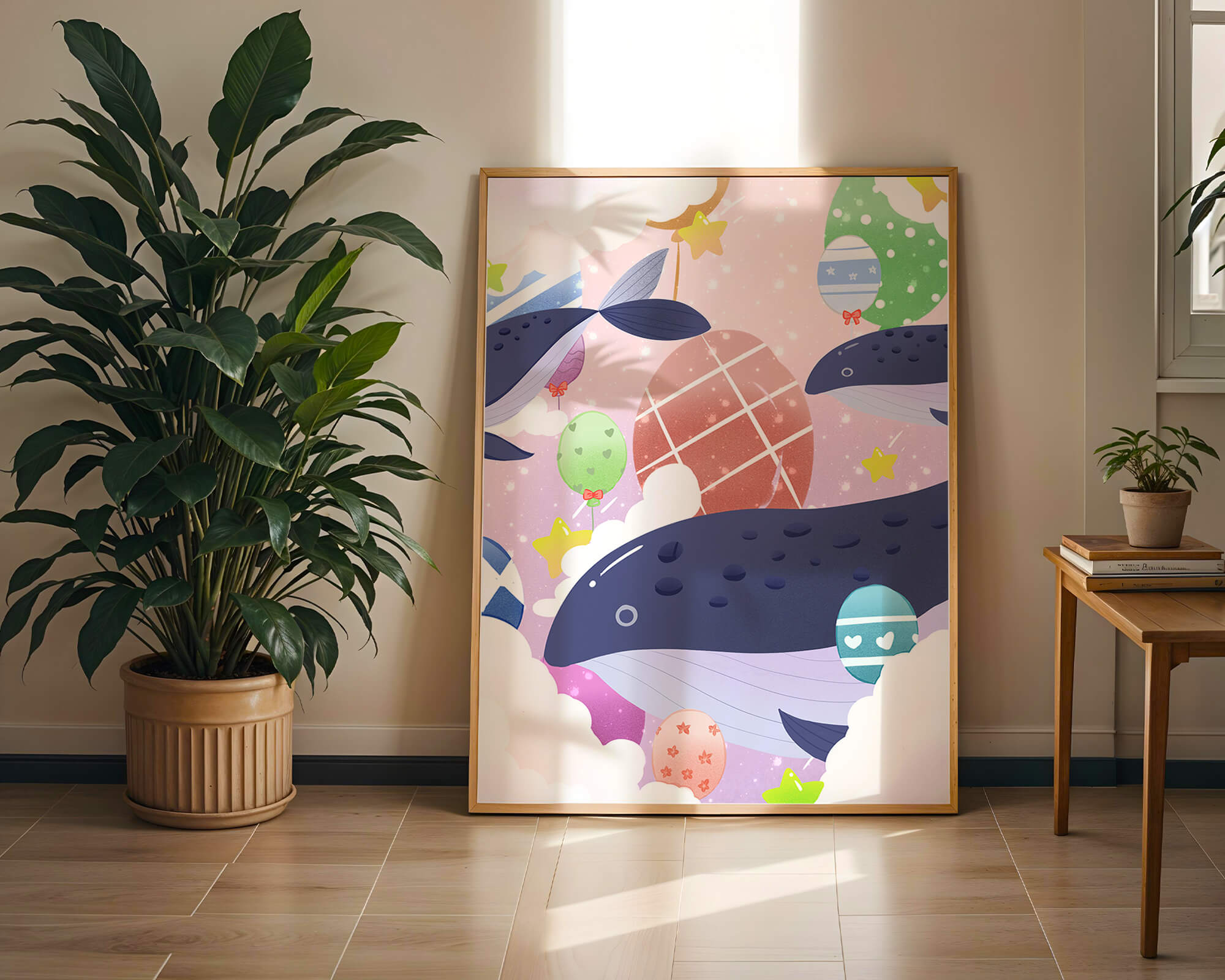 Whimsical illustration of whales and floating stars with colorful eggs