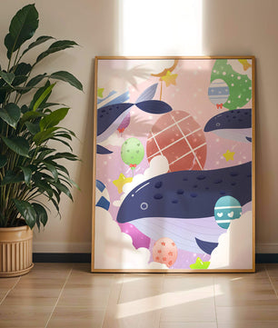 Whimsical illustration of whales and floating stars with colorful eggs
