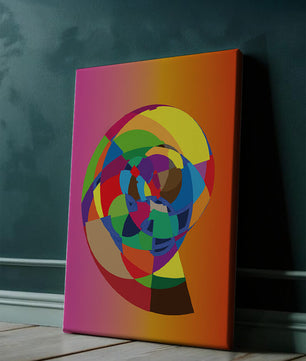 Vibrant abstract geometric shape with multicolored spiral on gradient background