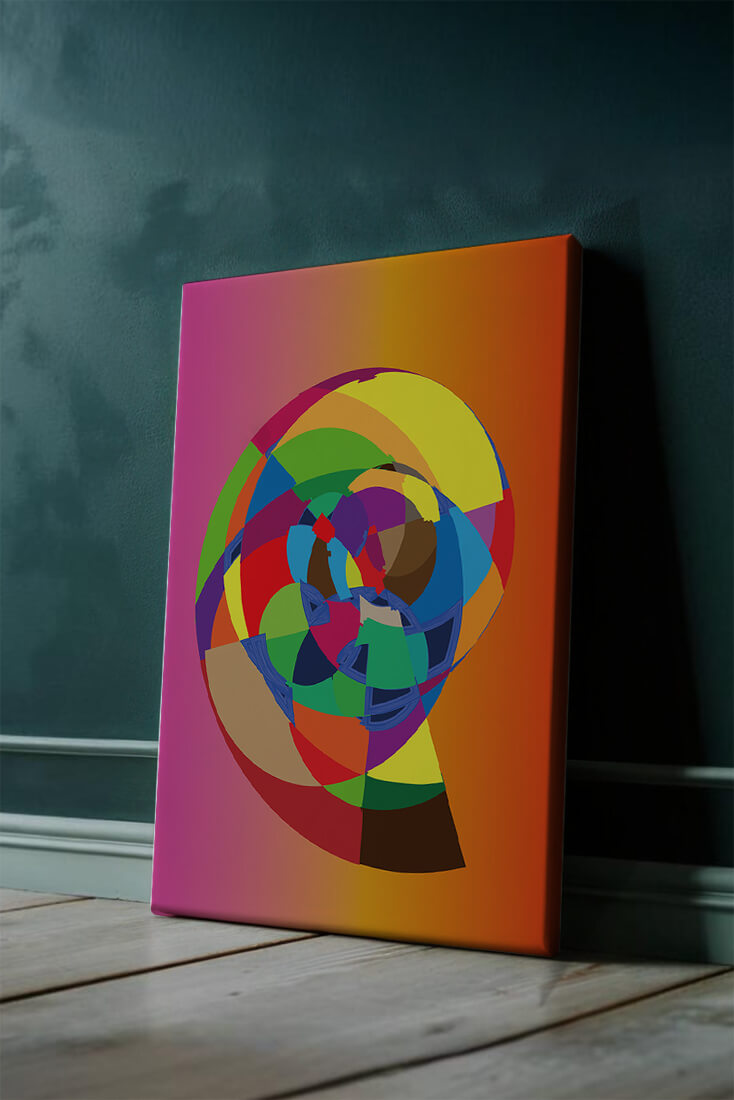 Vibrant abstract geometric shape with multicolored spiral on gradient background