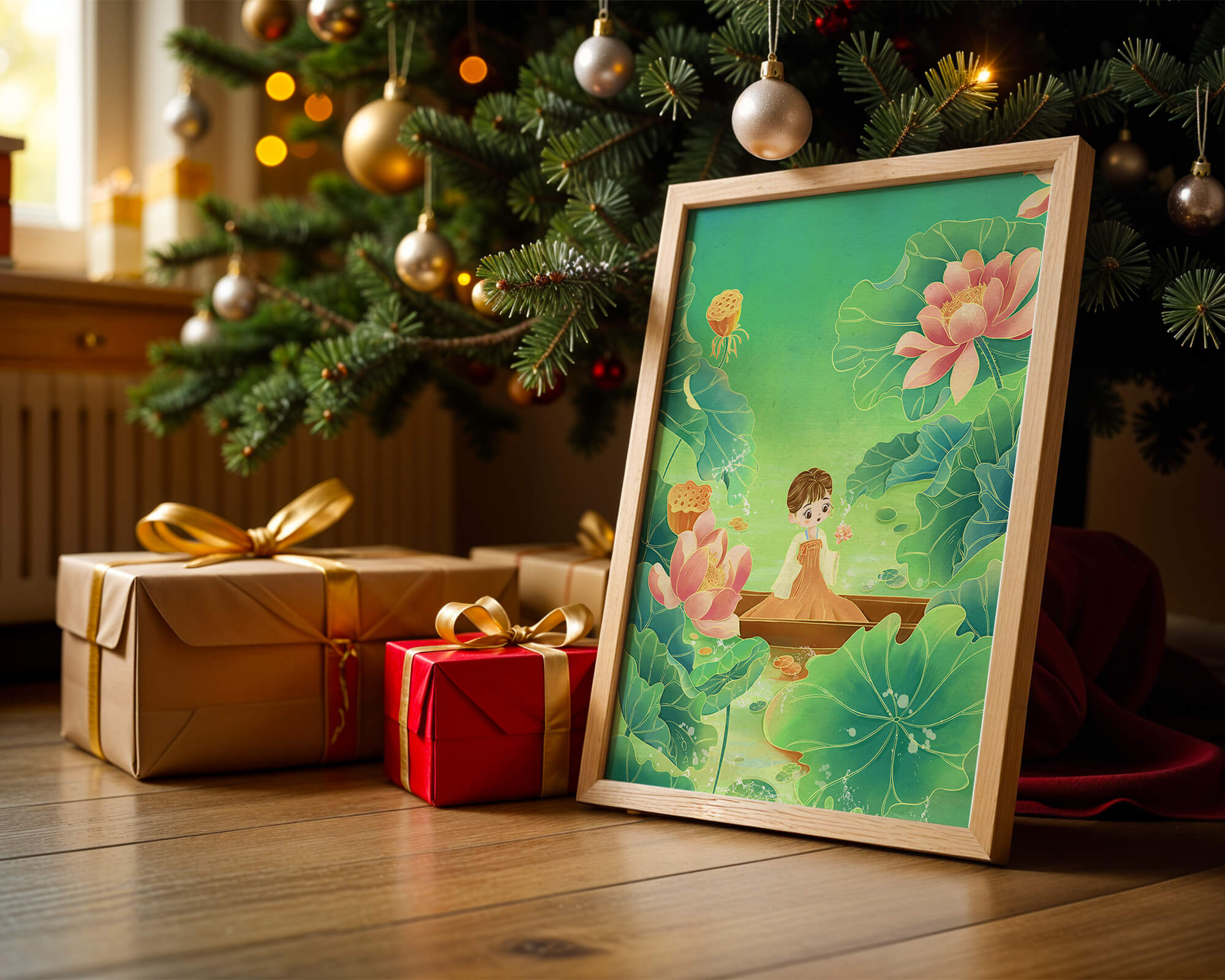 Serene illustration with girl among lotus flowers and green leaves