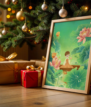 Serene illustration with girl among lotus flowers and green leaves