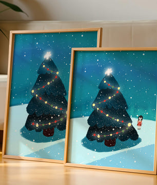 Winter scene with decorated Christmas tree and snowfall