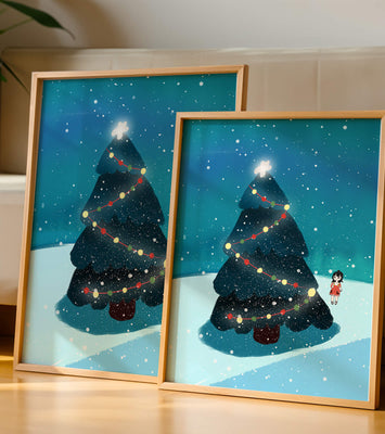 Winter scene with decorated Christmas tree and snowfall