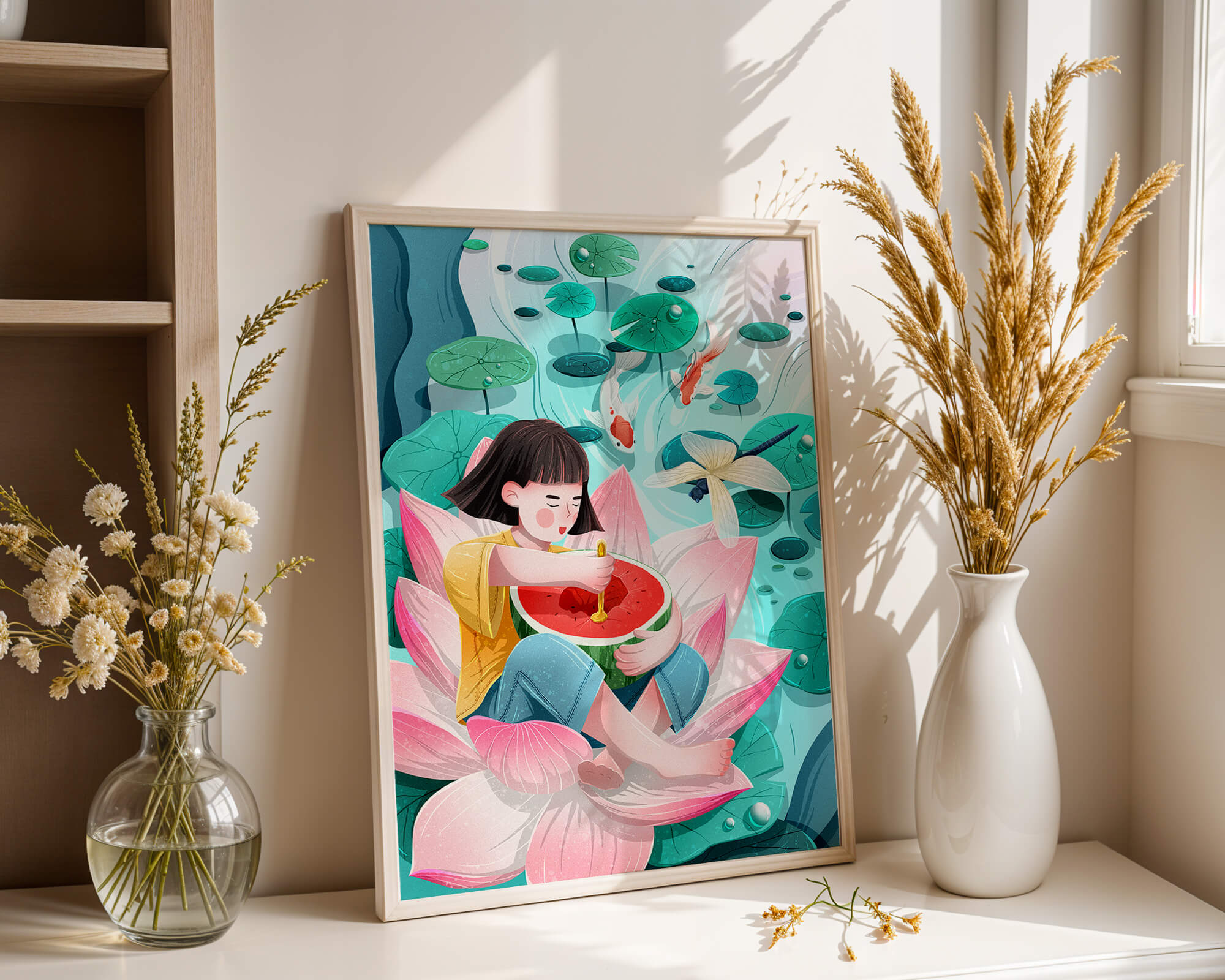 Serene illustration of child with watermelon on lotus flower