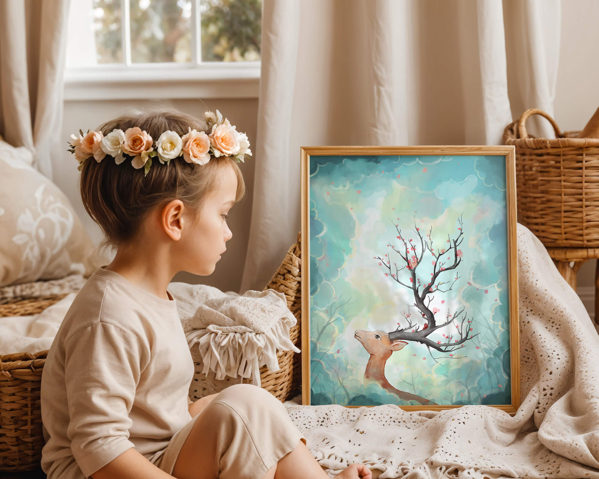 Surreal deer with branches for antlers in a pastel cloudy background