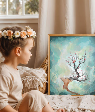 Ciervo surrealista con ramas como cuernos sobre fondo nublado en tonos pastel
