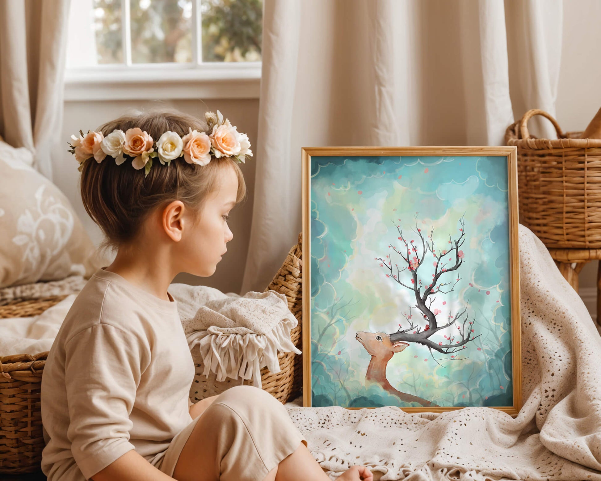 Surreal deer with branches for antlers in a pastel cloudy background