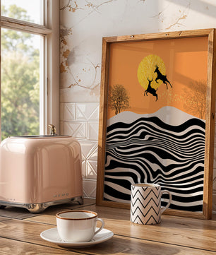 Abstract landscape with jumping deer and golden sun