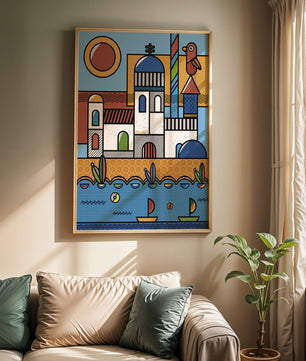 Bunte geometrische Küstendorf-Illustration mit Vögeln und Booten