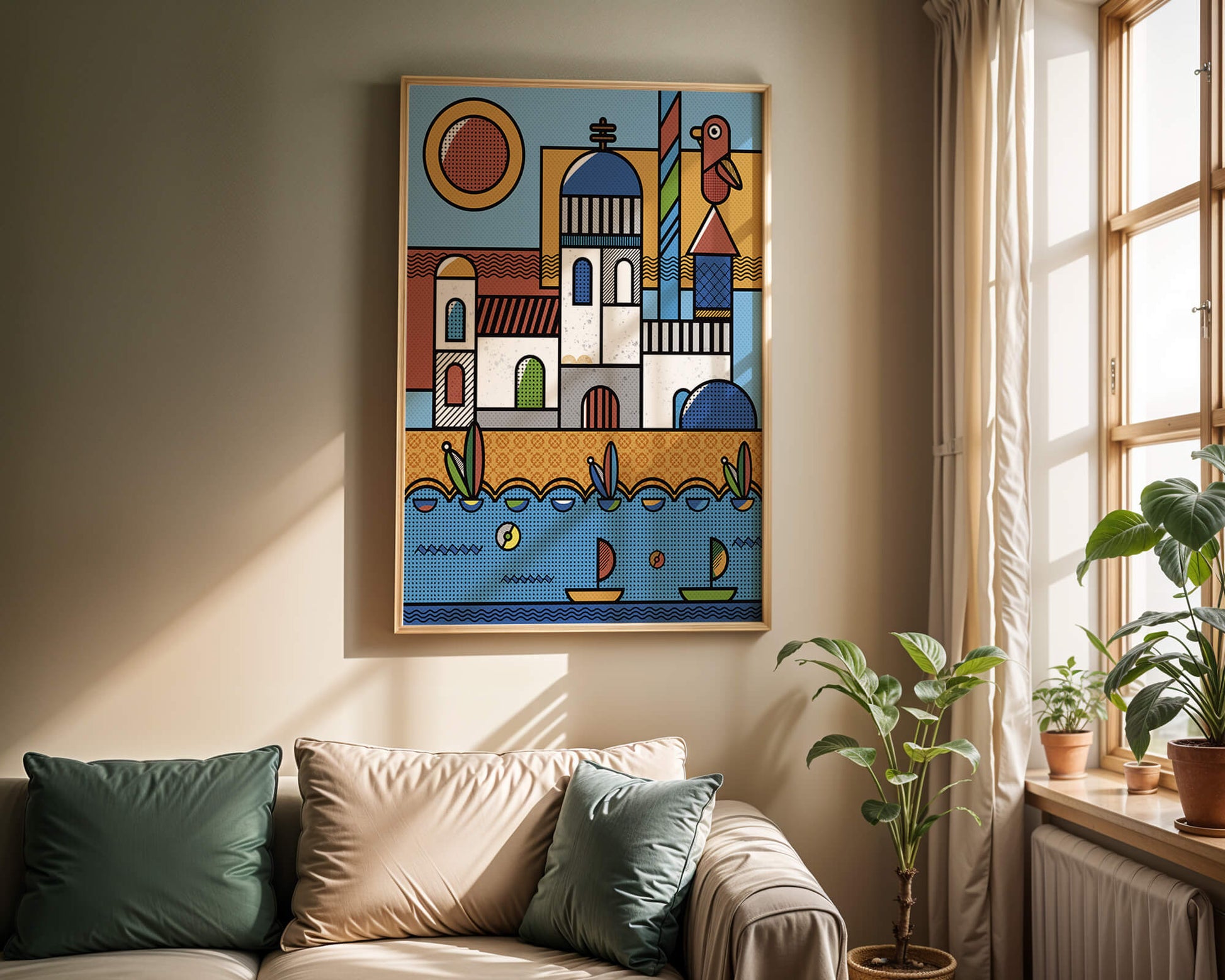 Bunte geometrische Küstendorf-Illustration mit Vögeln und Booten