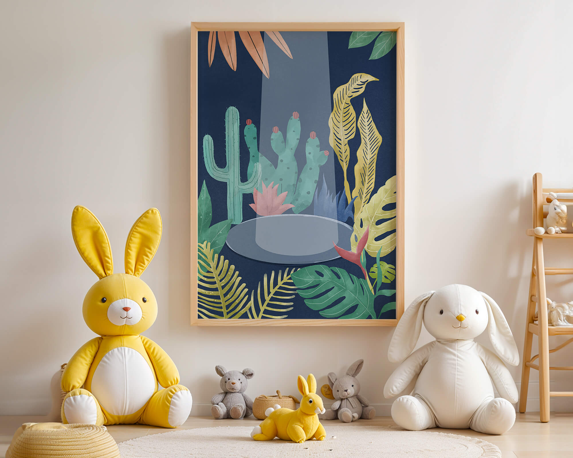 Colorful botanical illustration featuring cacti and tropical leaves