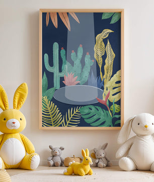 Ilustración botánica colorida con cactus y hojas tropicales