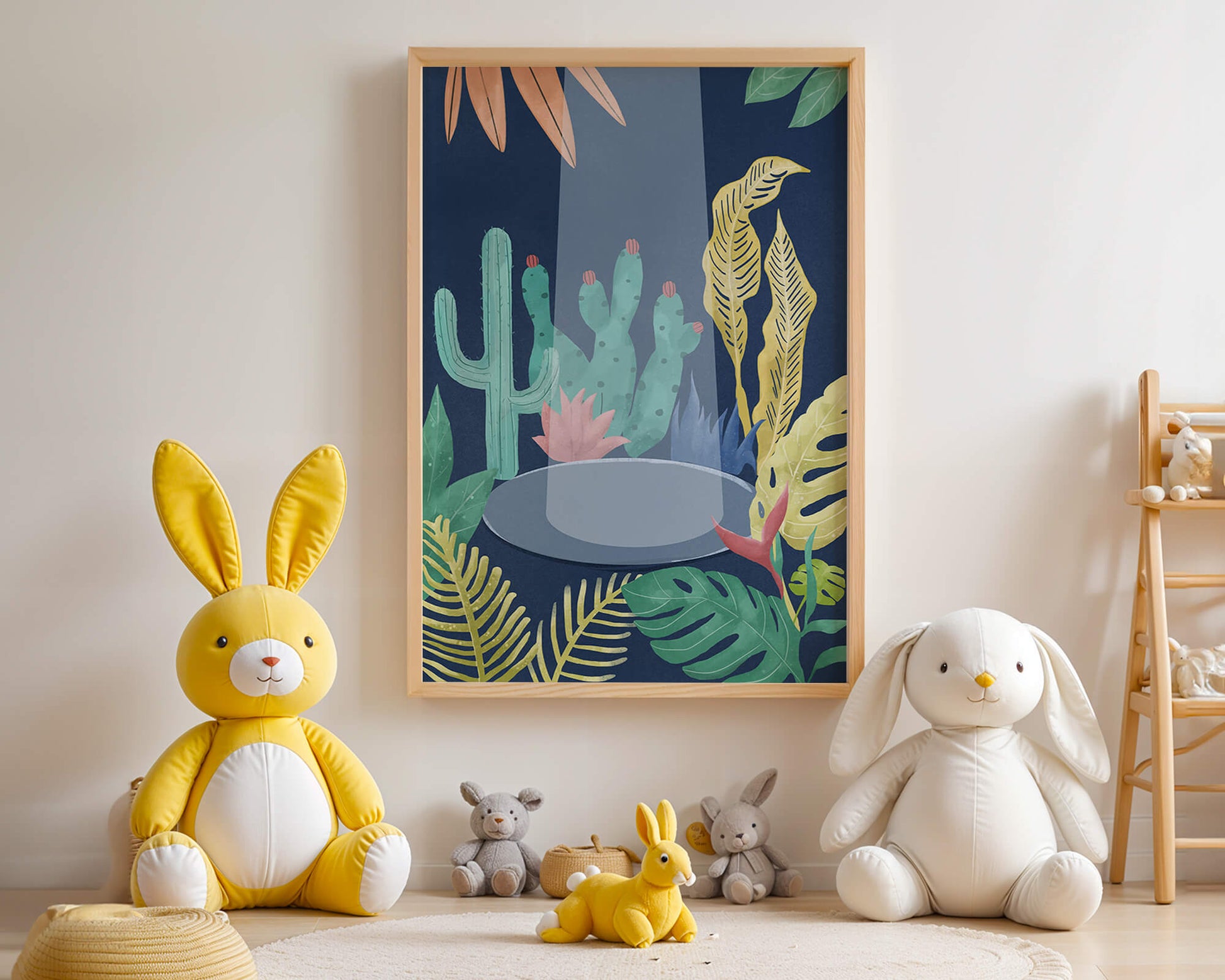 Colorful botanical illustration featuring cacti and tropical leaves