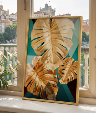 Blätter der Goldenen Monstera auf geometrischem Hintergrund