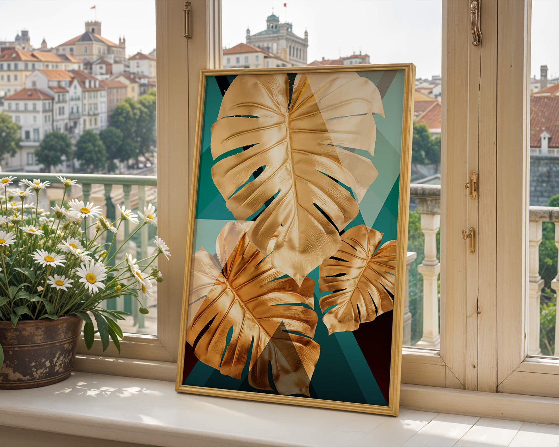 Hojas de monstera doradas sobre fondo geométrico