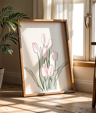 Wunderschöne rosa Tulpen mit grünen Blättern auf einer minimalistischen Leinwand
