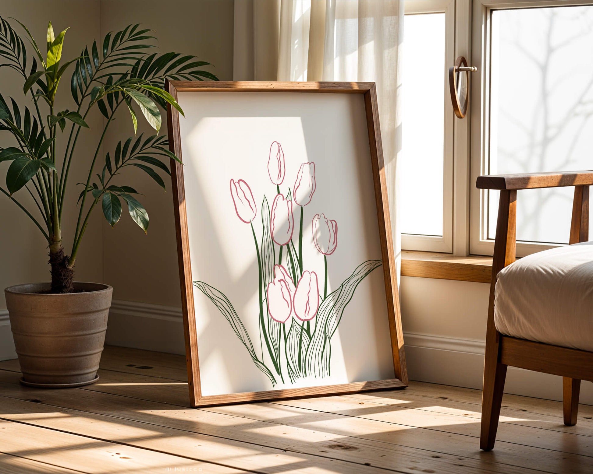 Wunderschöne rosa Tulpen mit grünen Blättern auf einer minimalistischen Leinwand