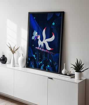 Enchanted forest with fairy and mystical creature under moonlit sky