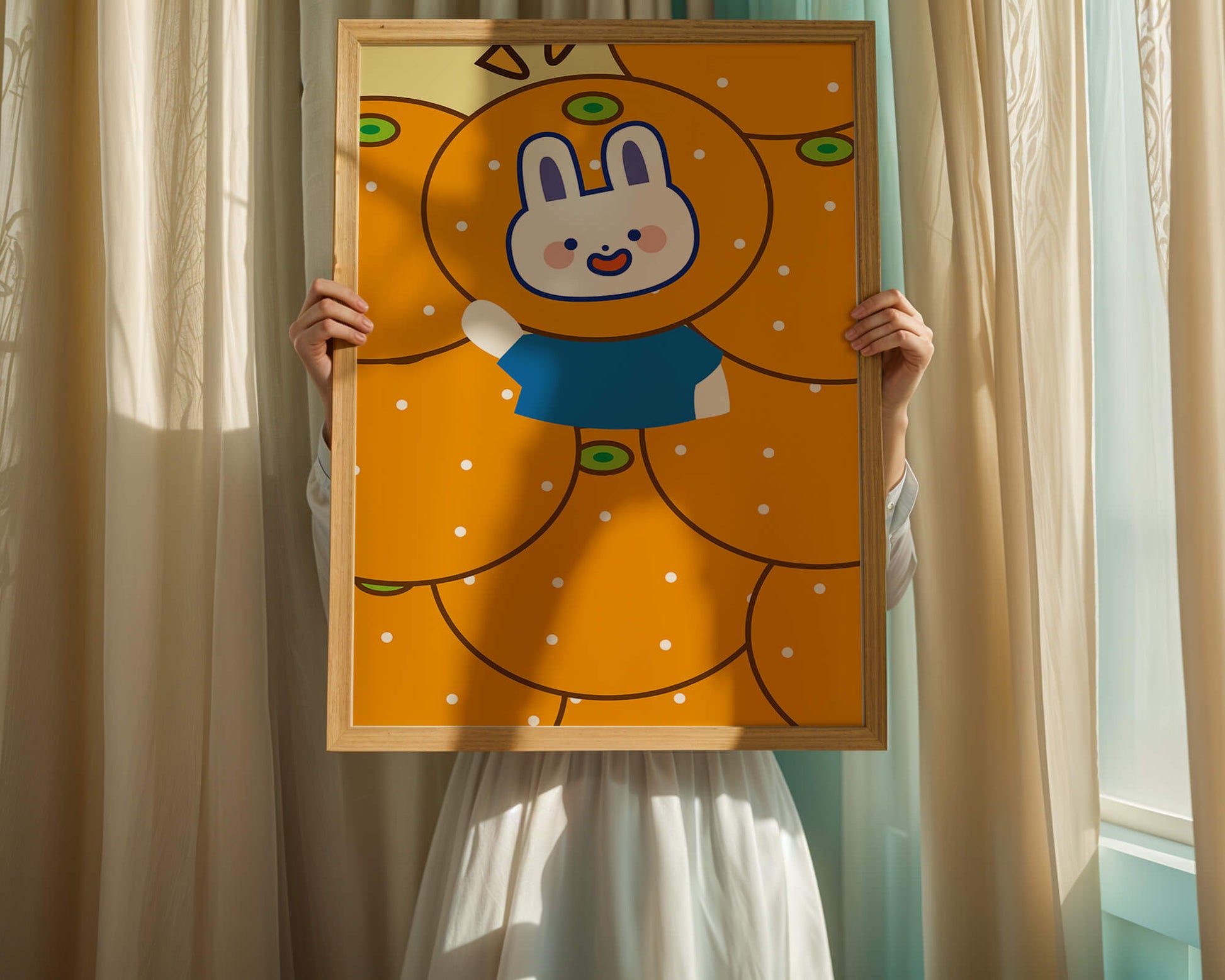 Whimsical illustration of a bunny surrounded by oranges