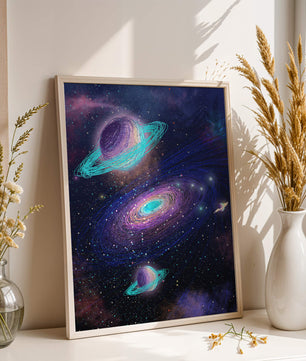 Colorful space illustration with planets and galaxy