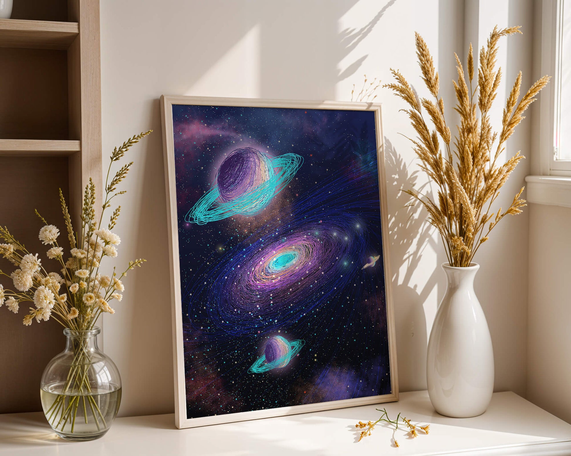Colorful space illustration with planets and galaxy