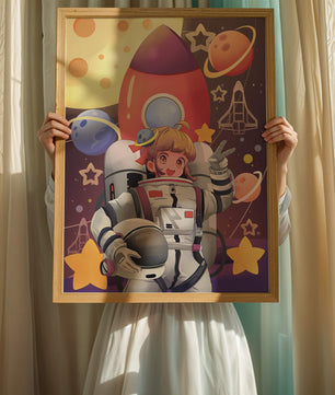 Ilustración de una chica astronauta con temática espacial