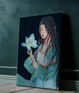 Elegant Woman Holding Glowing Lotus in Tranquil Nightscape