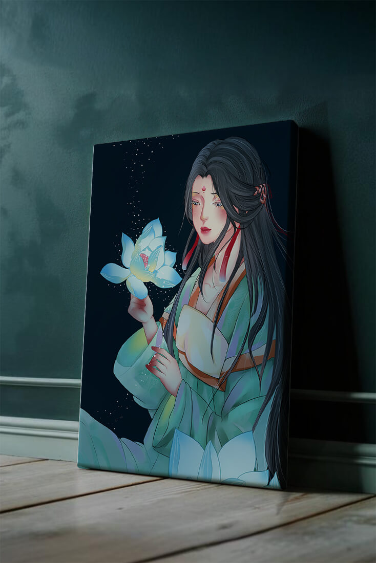 Elegant Woman Holding Glowing Lotus in Tranquil Nightscape