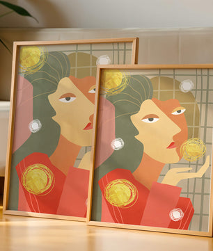 Abstract portrait artwork with geometric forms and gold accents