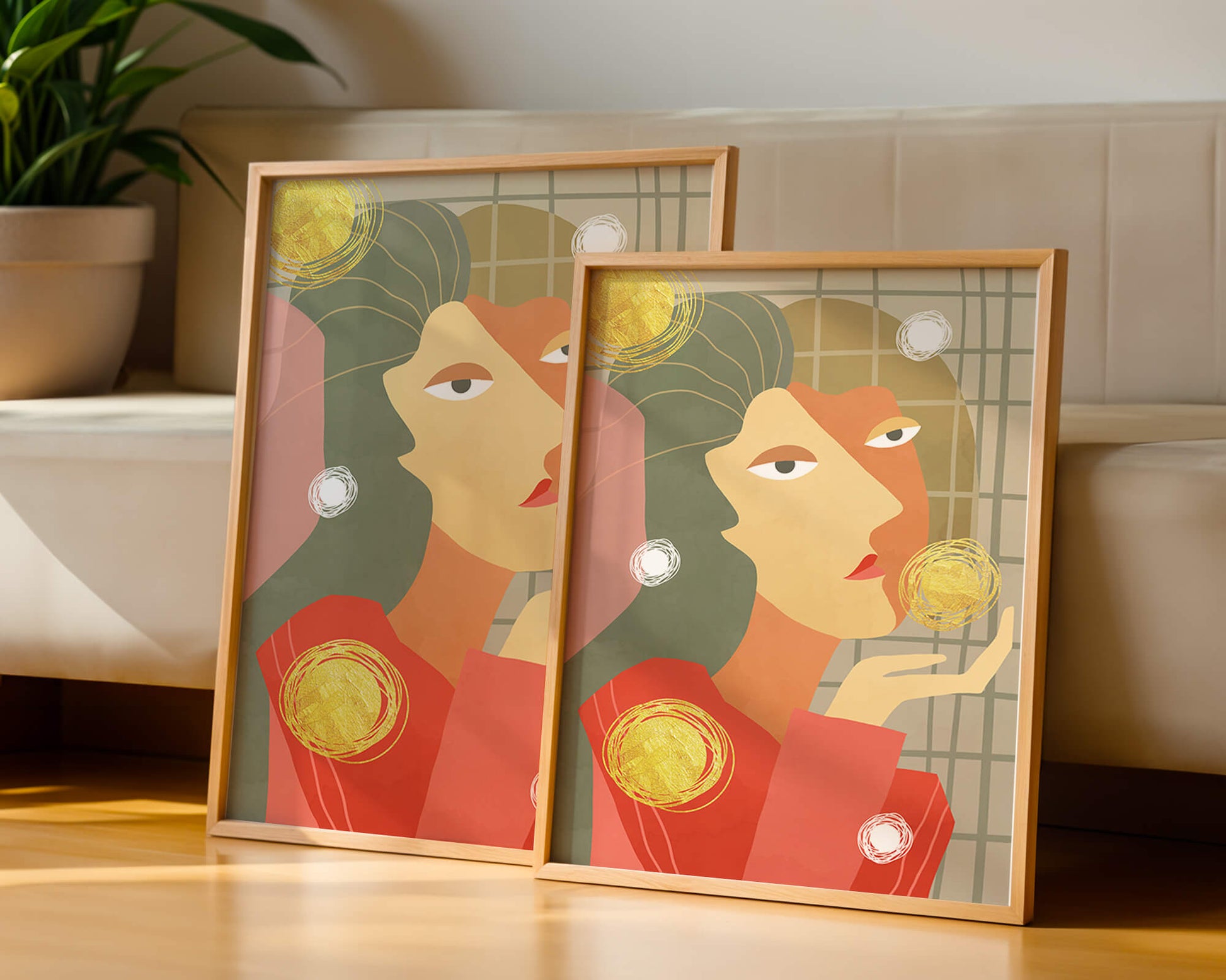 Abstract portrait artwork with geometric forms and gold accents