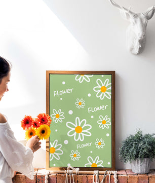 Estampado floral con margaritas sobre fondo verde