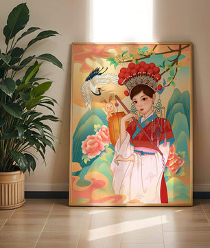 Elegante traditionelle chinesische Illustration mit einer Frau in lebendiger Kleidung mit Blumen- und Tiermotiven