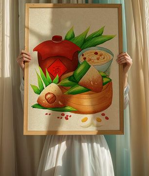 Illustrated traditional Chinese food with zongzi and rice wine