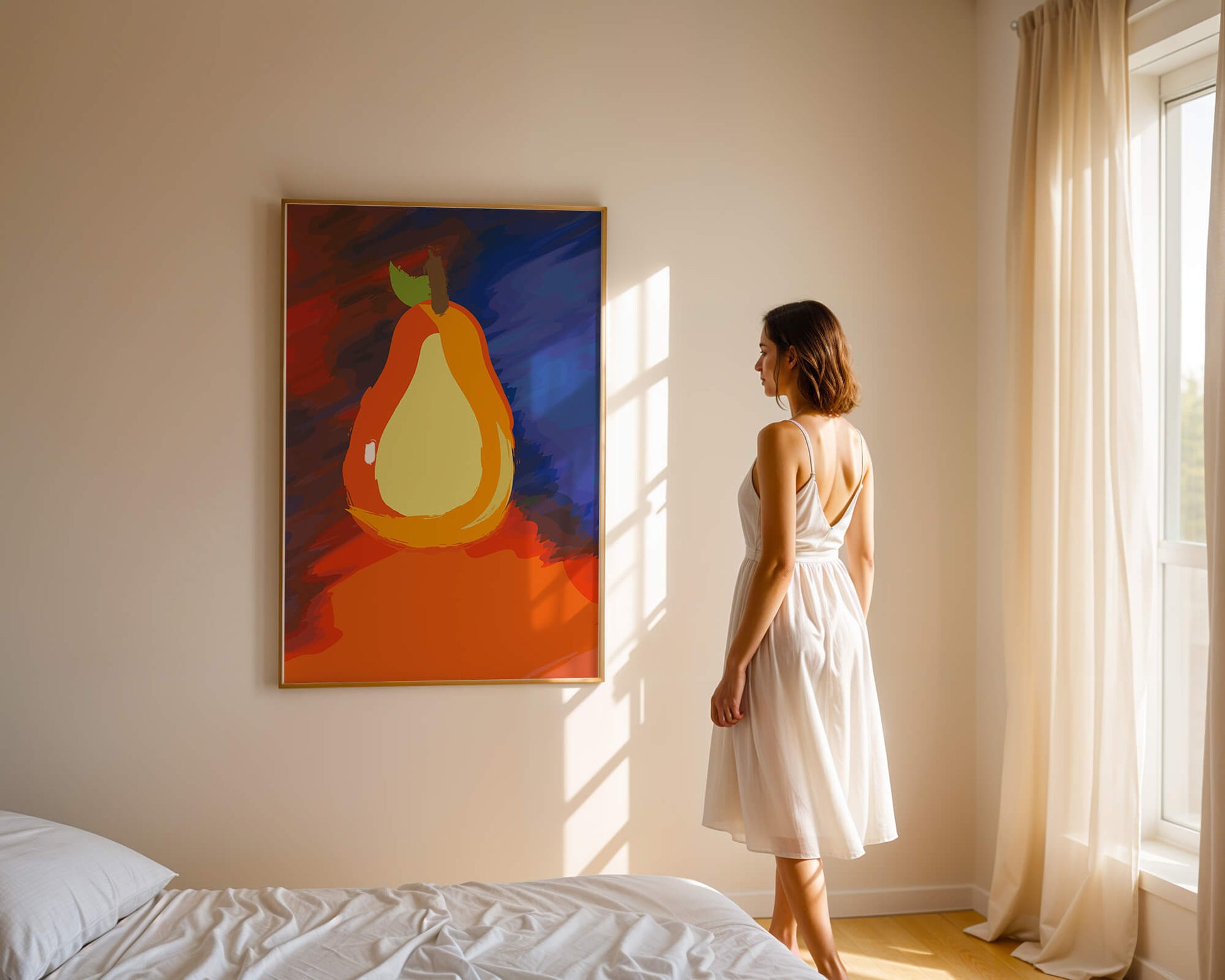 Pintura abstracta de una pera colorida sobre un fondo vibrante.