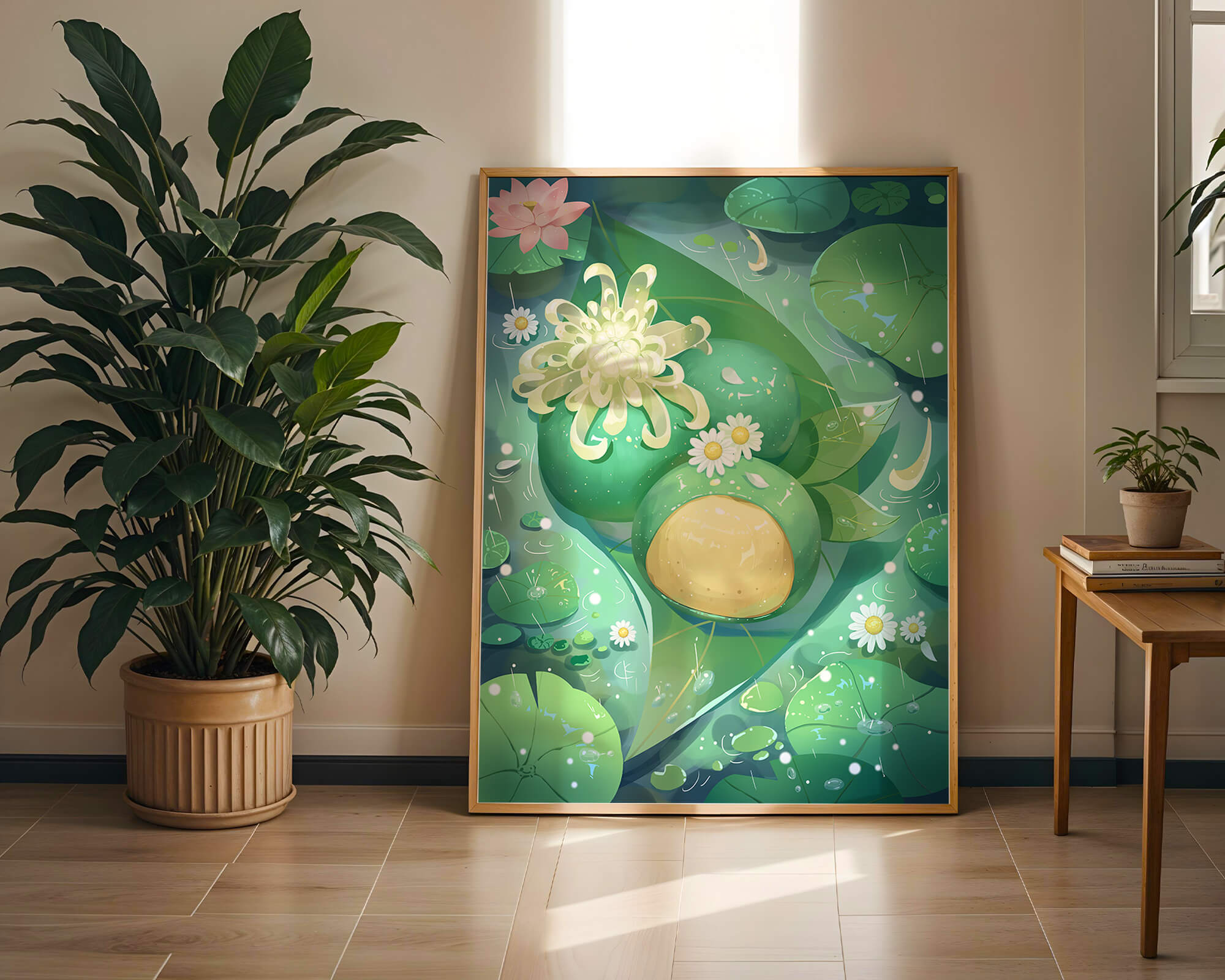 Lush aquatic scene with lotus flowers and green leaves