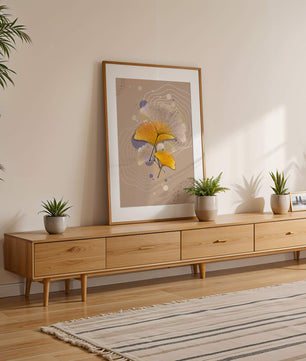 Elegante Blätter des Ginkgo mit abstrakten wellenförmigen und kreisförmigen Elementen