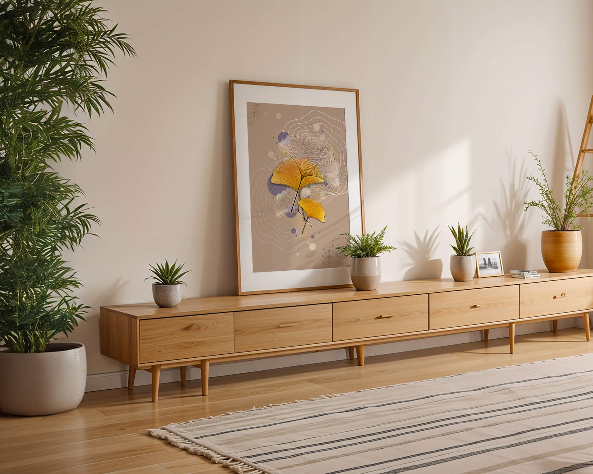 Elegant ginkgo leaves with abstract wavy and circular elements