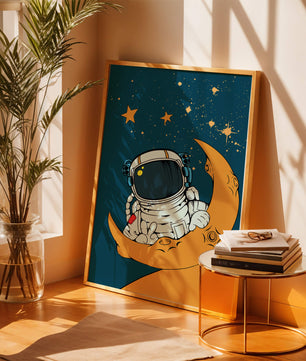 Charming Astronaut Sitting on a Crescent Moon with Stars in Space - Mi tienda