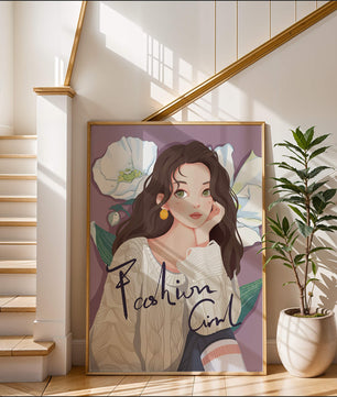 Illustrated fashion girl with floral background and purple theme