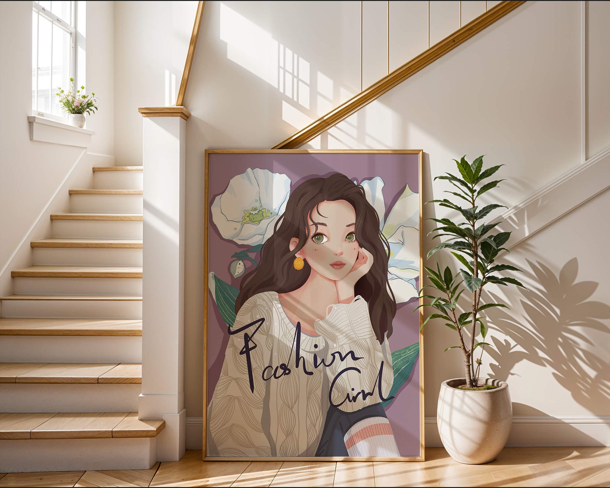 Illustrated fashion girl with floral background and purple theme
