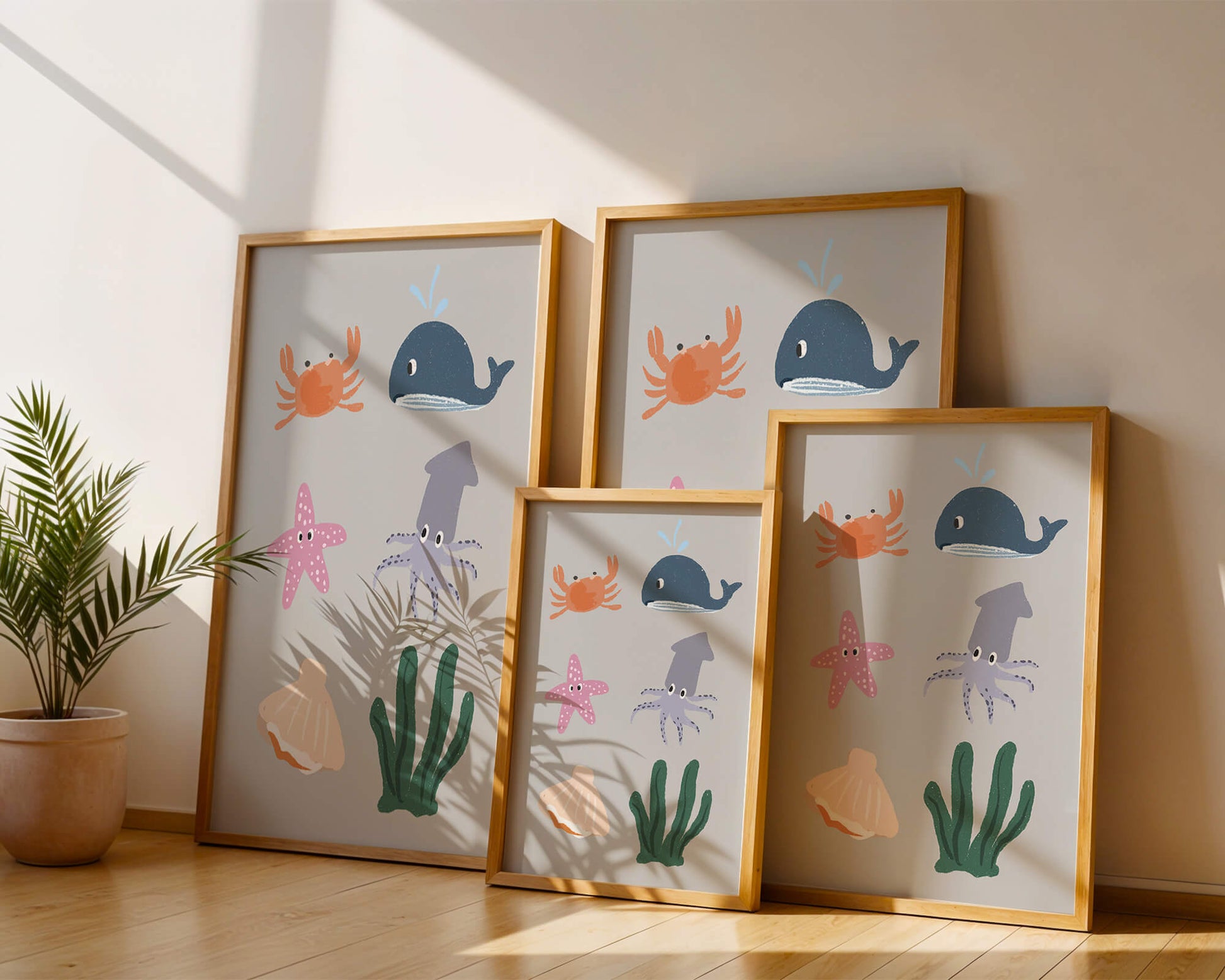 Illustration of whimsical sea creatures and marine elements on a grey background