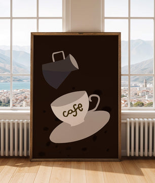 Taza de café minimalista con jarra vertiendo sobre fondo oscuro